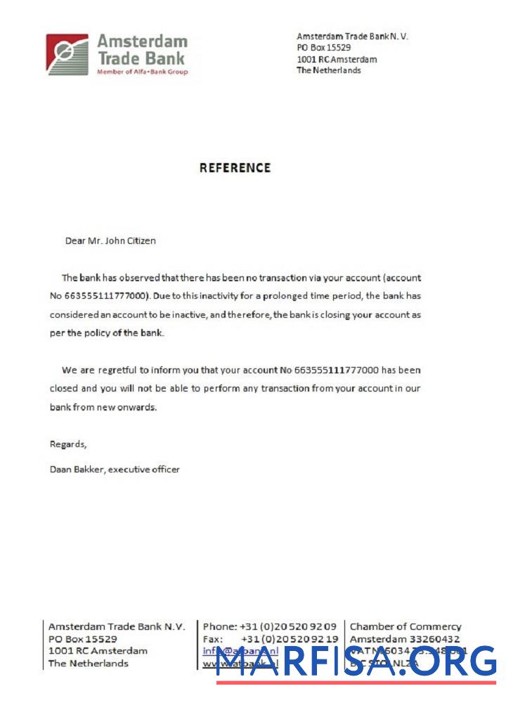 Realistic Netherlands Amsterdam Trade Bank closure certificate real example